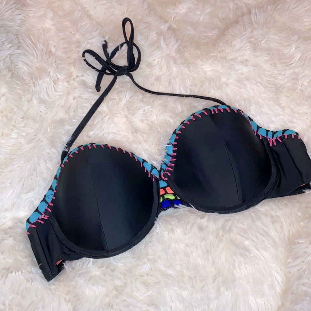Catalina Black Neon Blue Green Orange Bikini Swim Top Size Large